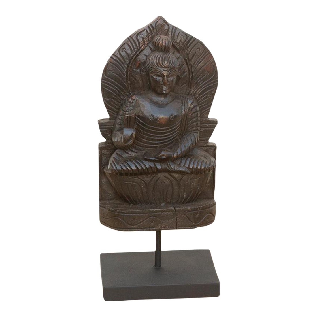Vintage Carved Wooden Buddha on Stand: A soulful piece of devotional folk art, this carved wooden sculpture depicts the Buddha seated in meditation. The right hand is raised in the Abhaya Mudraâ€”the gesture of fearlessnes