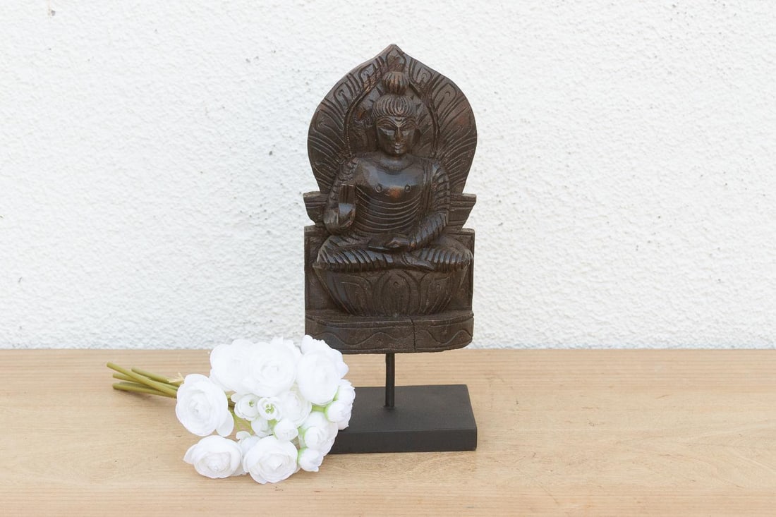 Vintage Carved Wooden Buddha on Stand - 2