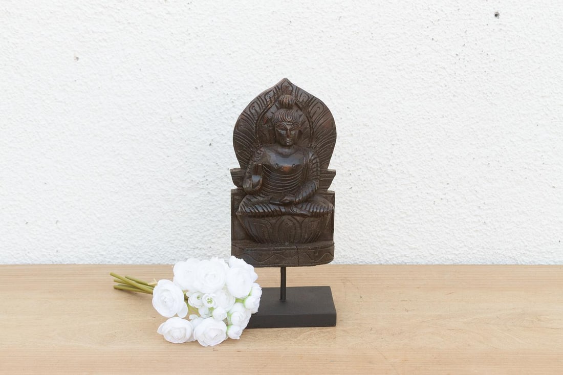 Vintage Carved Wooden Buddha on Stand - 7