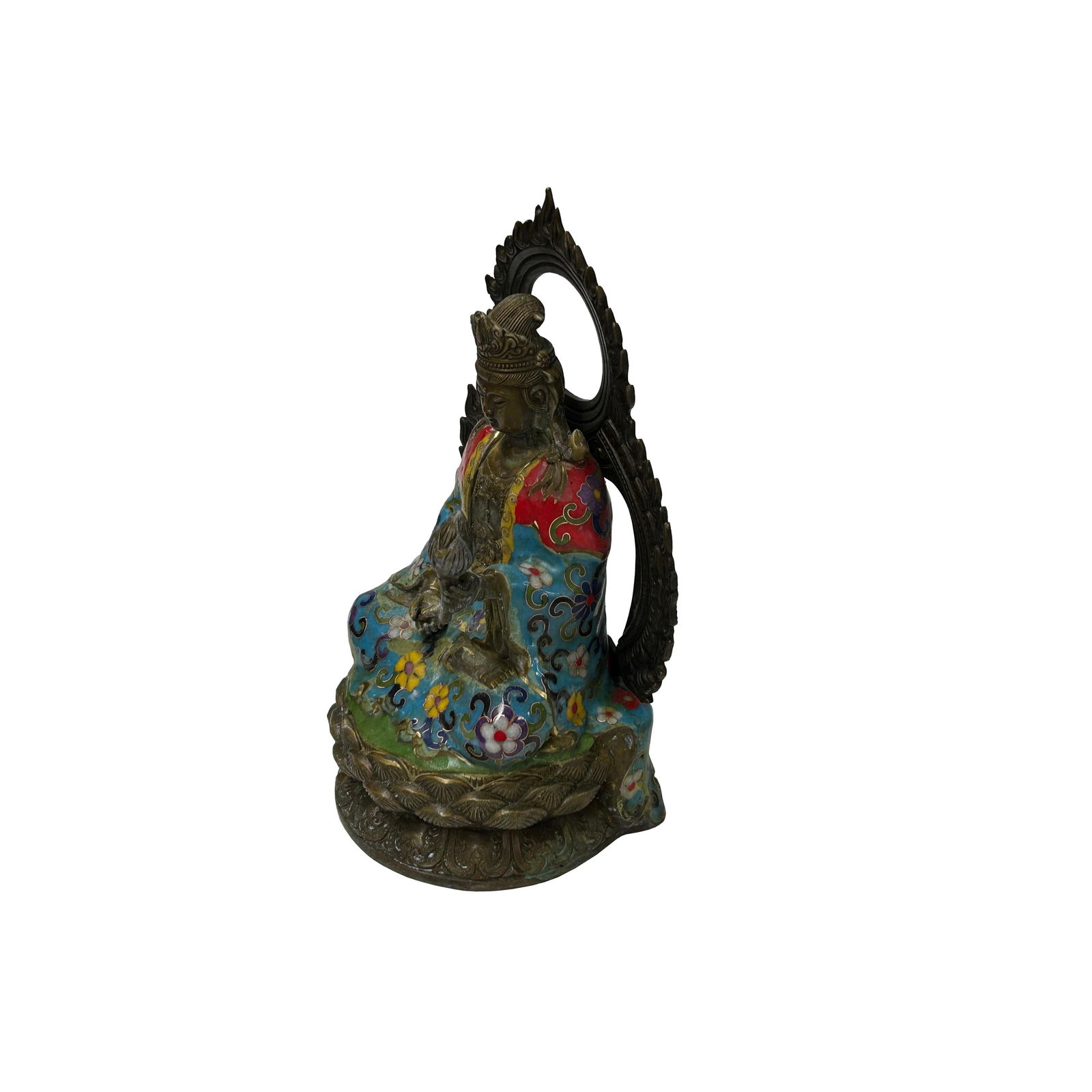 Vintage Cloisonne Enamel Lotus Bodhisattva Metal Buddha Statue - 4