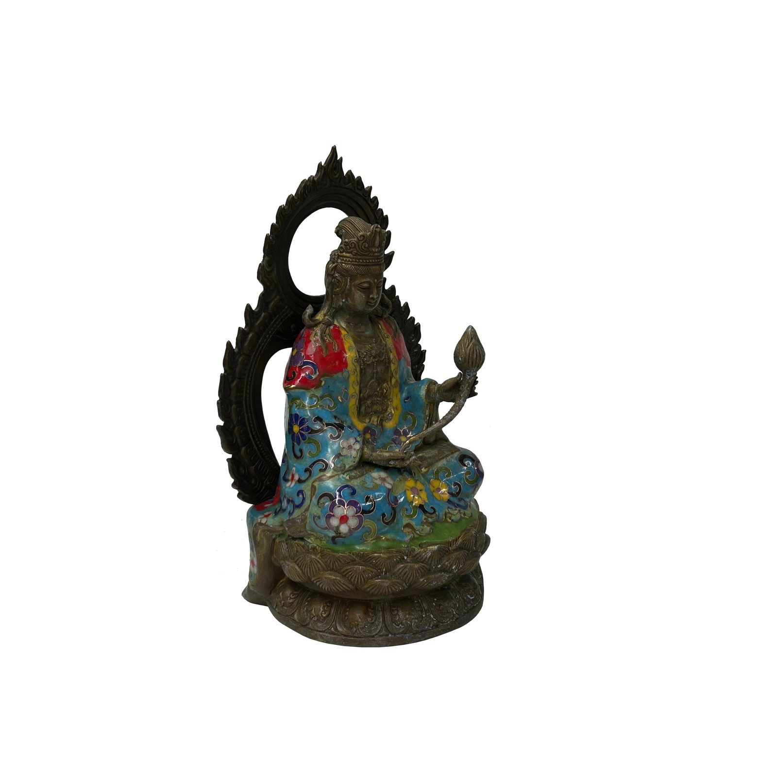 Vintage Cloisonne Enamel Lotus Bodhisattva Metal Buddha Statue - 5
