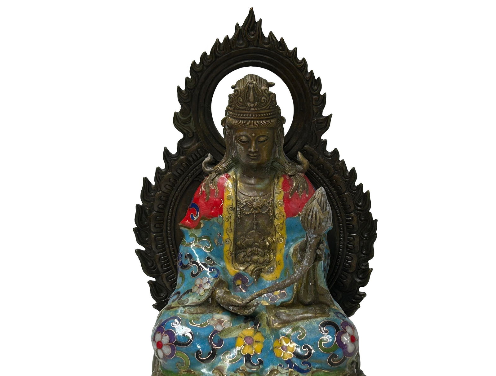 Vintage Cloisonne Enamel Lotus Bodhisattva Metal Buddha Statue - 8