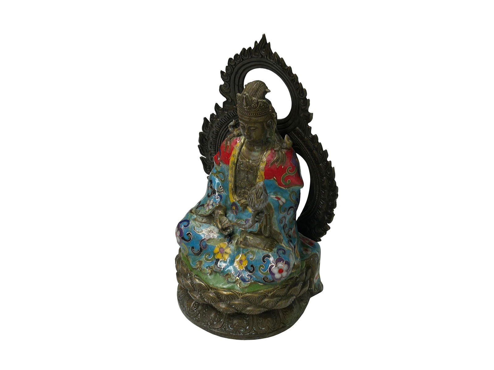 Vintage Cloisonne Enamel Lotus Bodhisattva Metal Buddha Statue - 9
