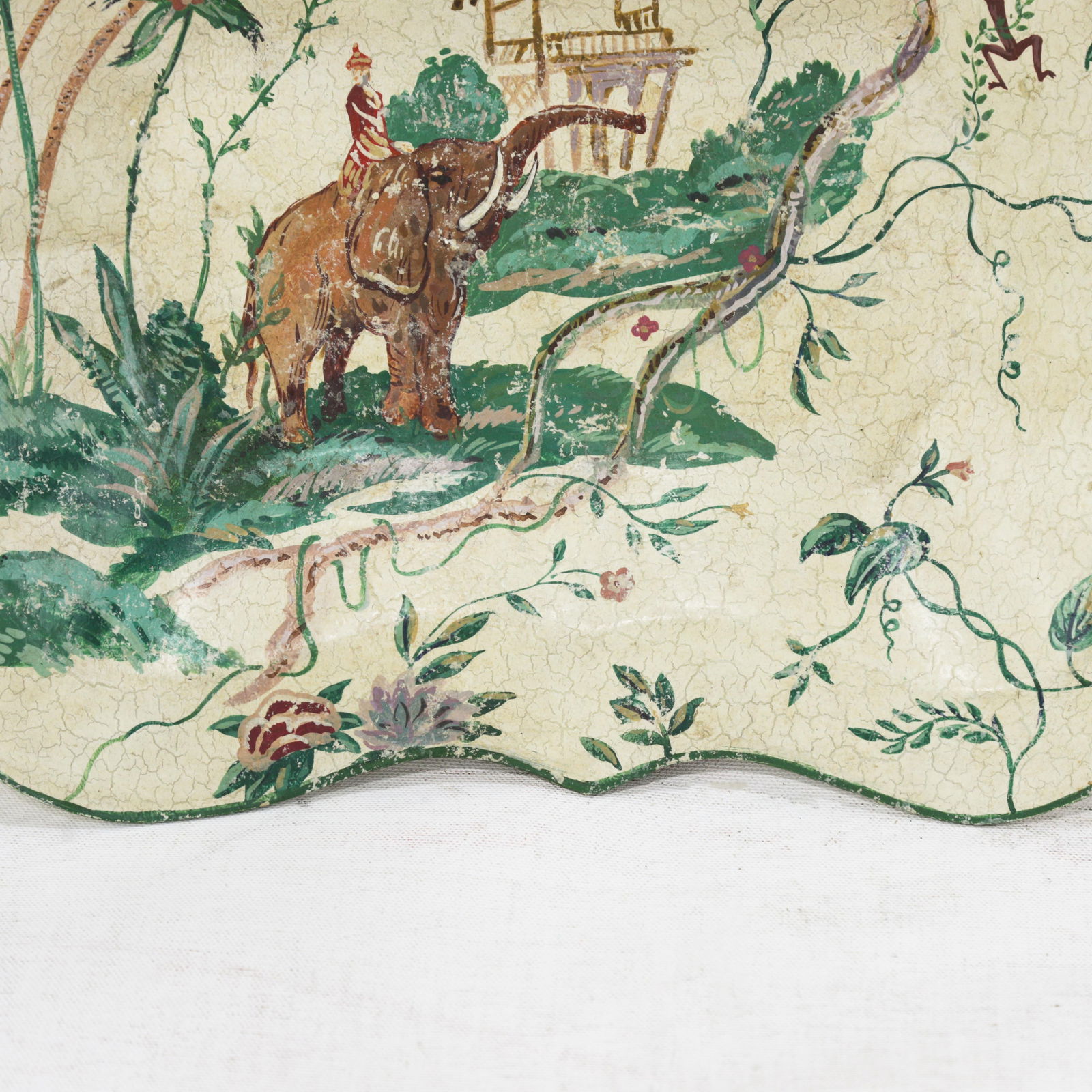 Vintage Scalloped Decorative Tray With Hand-Painted Elephant and Jungle Motif - 10