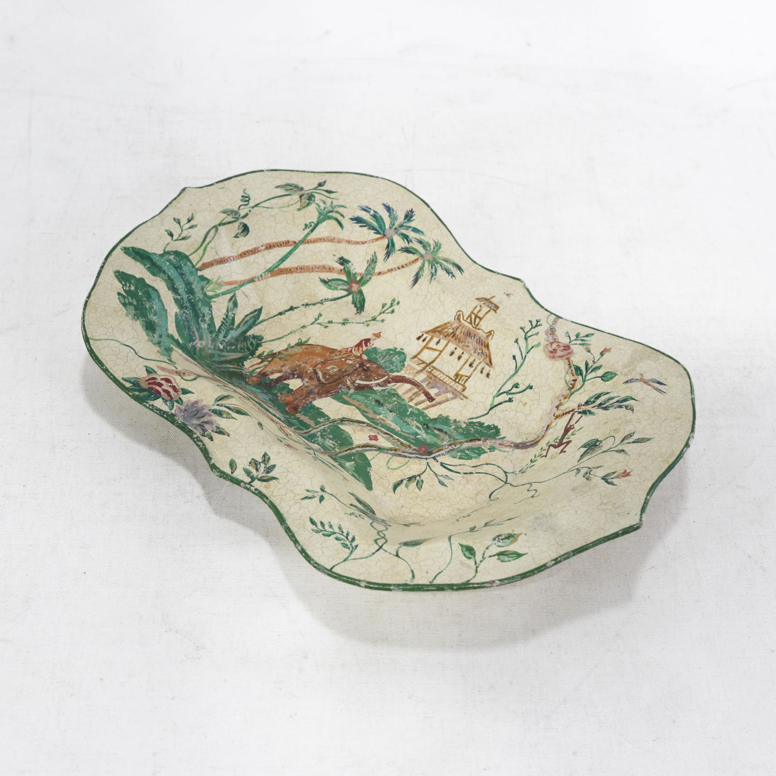 Vintage Scalloped Decorative Tray With Hand-Painted Elephant and Jungle Motif - 11