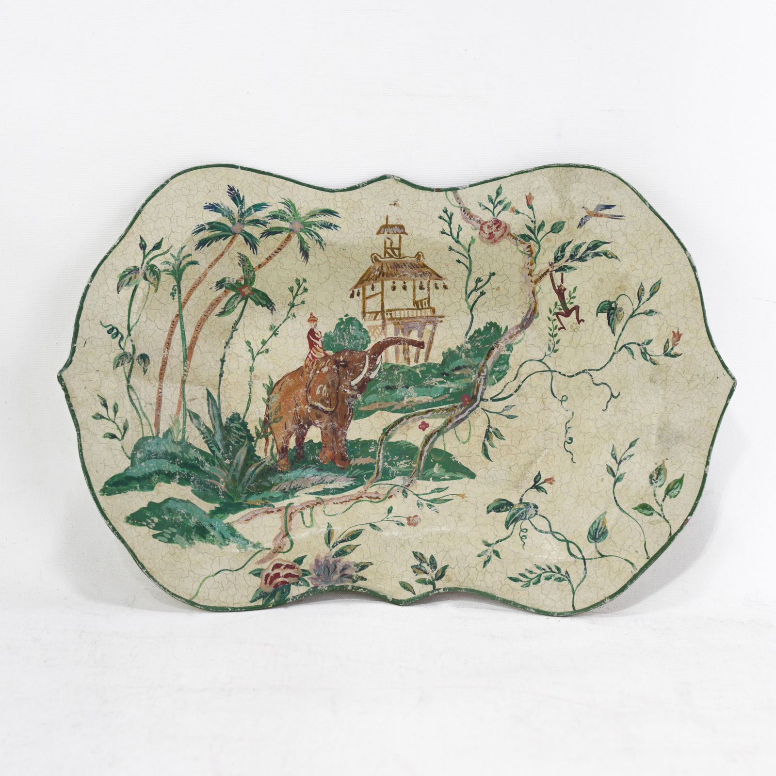 Vintage Scalloped Decorative Tray With Hand-Painted Elephant and Jungle Motif - 12