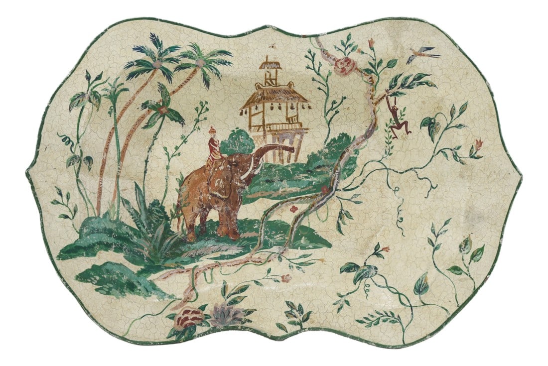 Vintage Scalloped Decorative Tray With Hand-Painted Elephant and Jungle Motif: This charming vintage scalloped decorative tray features a whimsical, hand-painted exotic jungle scene set against a cream-colored background with a beautiful, heavy crackle glaze (crazing) finish