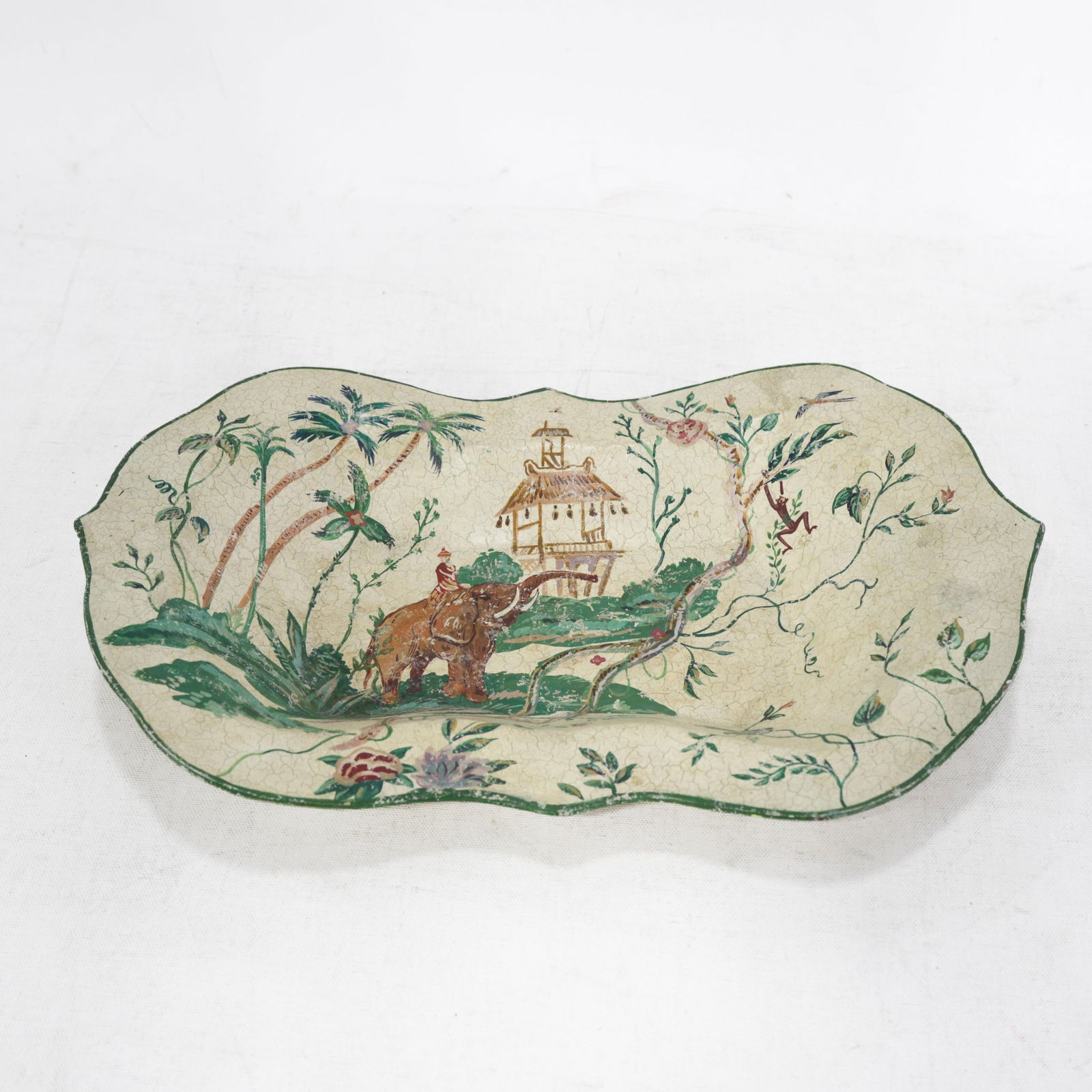 Vintage Scalloped Decorative Tray With Hand-Painted Elephant and Jungle Motif - 2