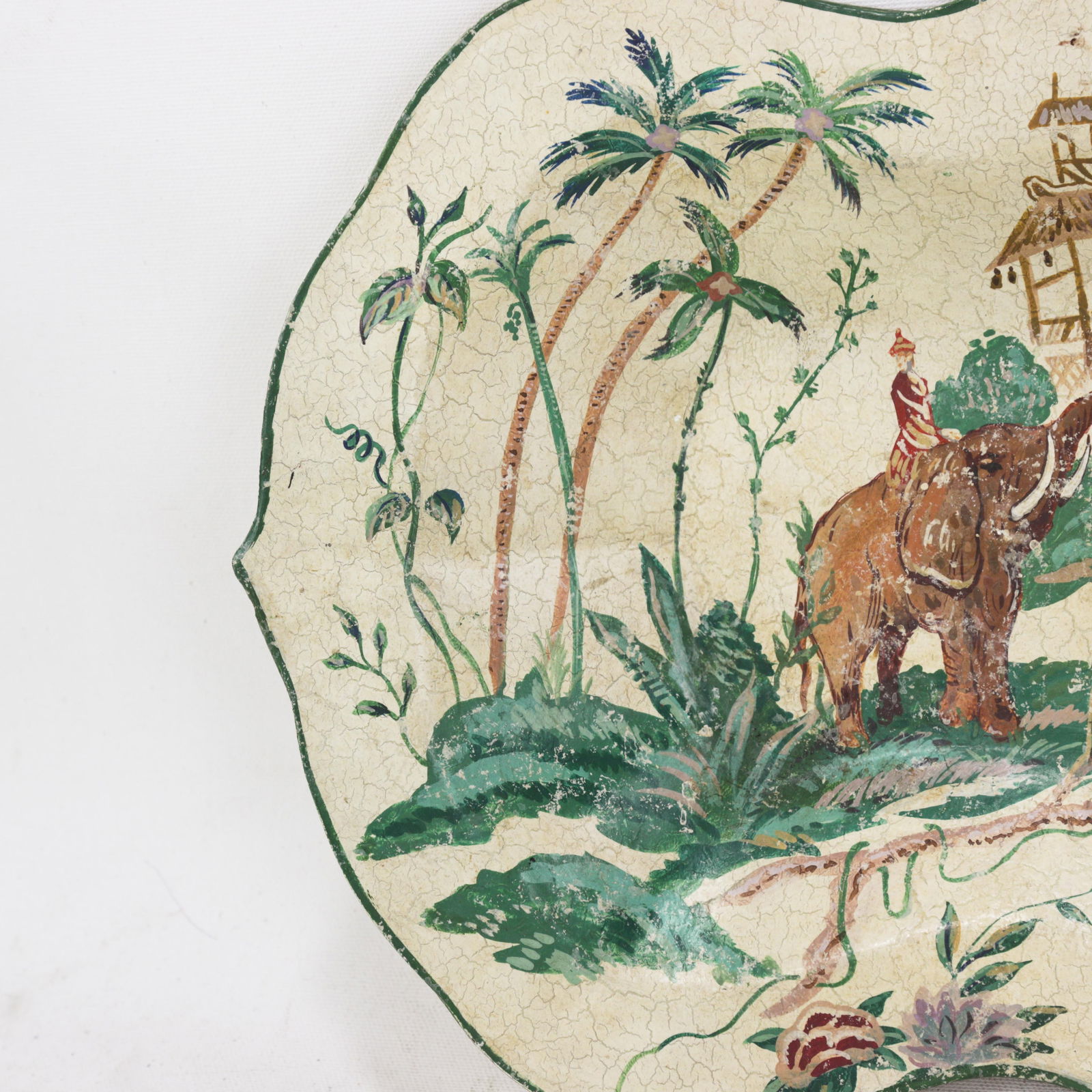 Vintage Scalloped Decorative Tray With Hand-Painted Elephant and Jungle Motif - 7