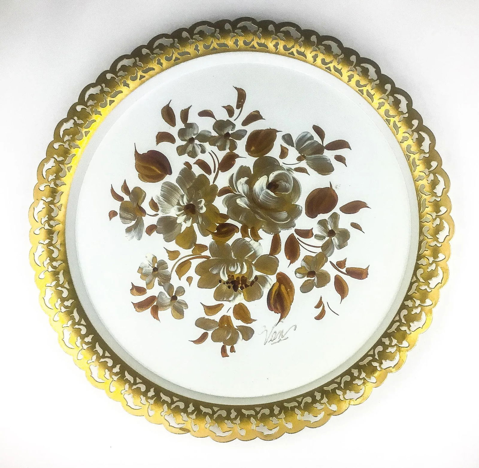 Vintage Toleware Floral Serving Tray Signed - 12