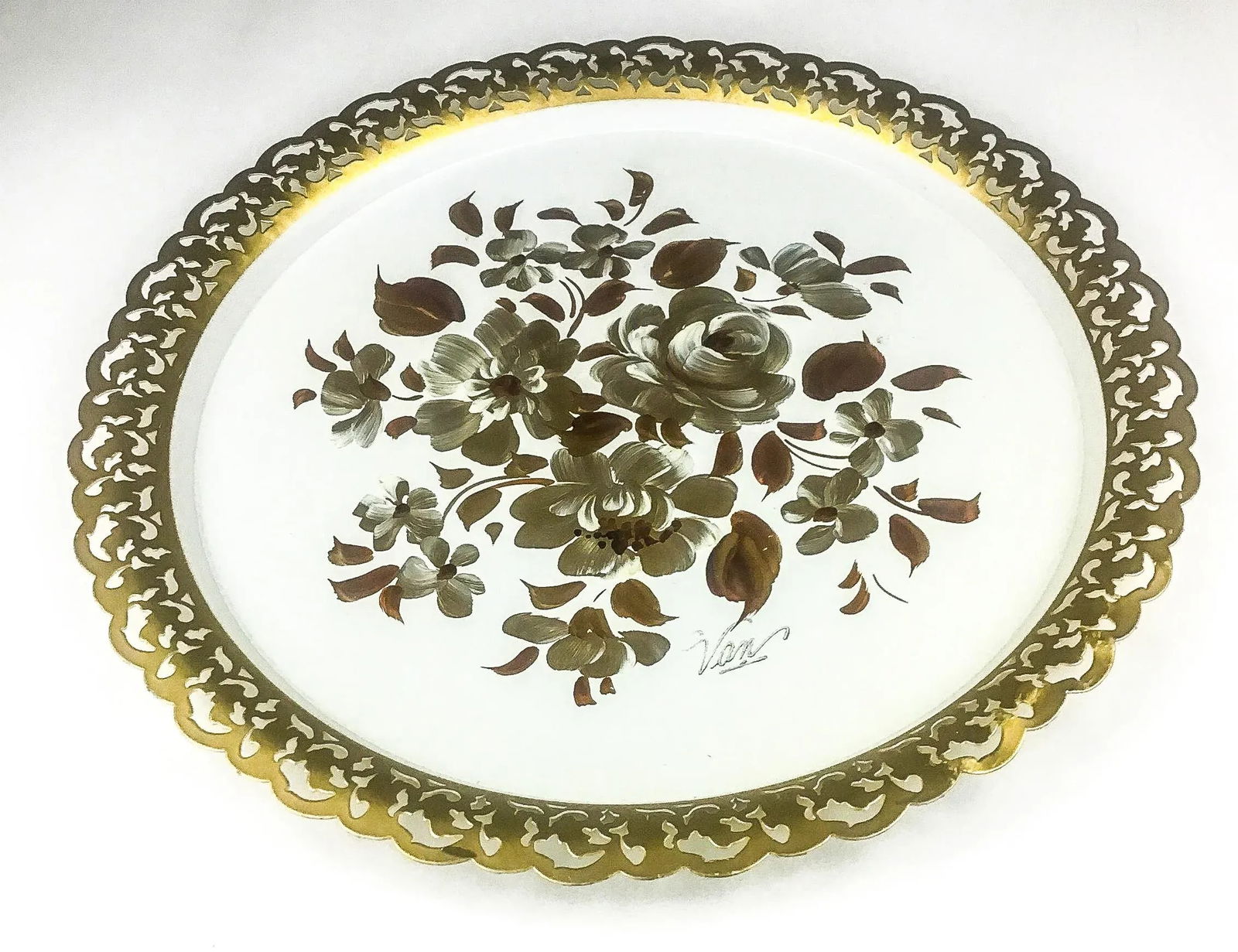 Vintage Toleware Floral Serving Tray Signed - 3