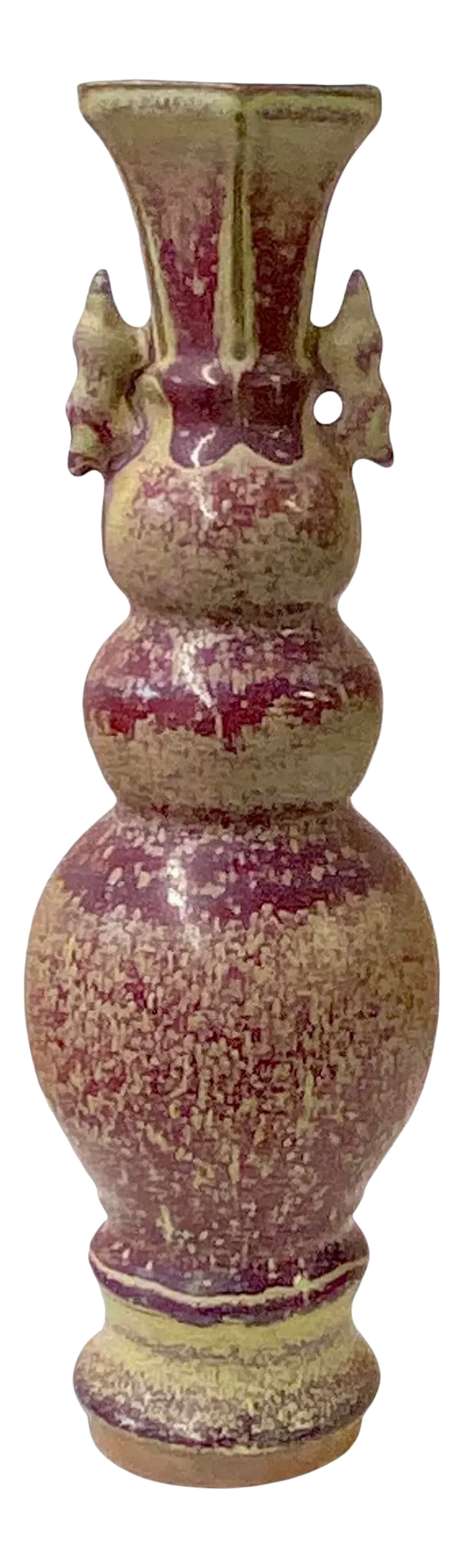 Plum Purple Distressed Ceramic Hexagon Mouth Artistic Narrow Vase: This is a handmade decorative ceramic vase in a distressed plum purple #713443 tan marks mix color finish. It has a narrow tall design with a hexagon mouth and round body. Dimensions: Dia 4" x h13.5"