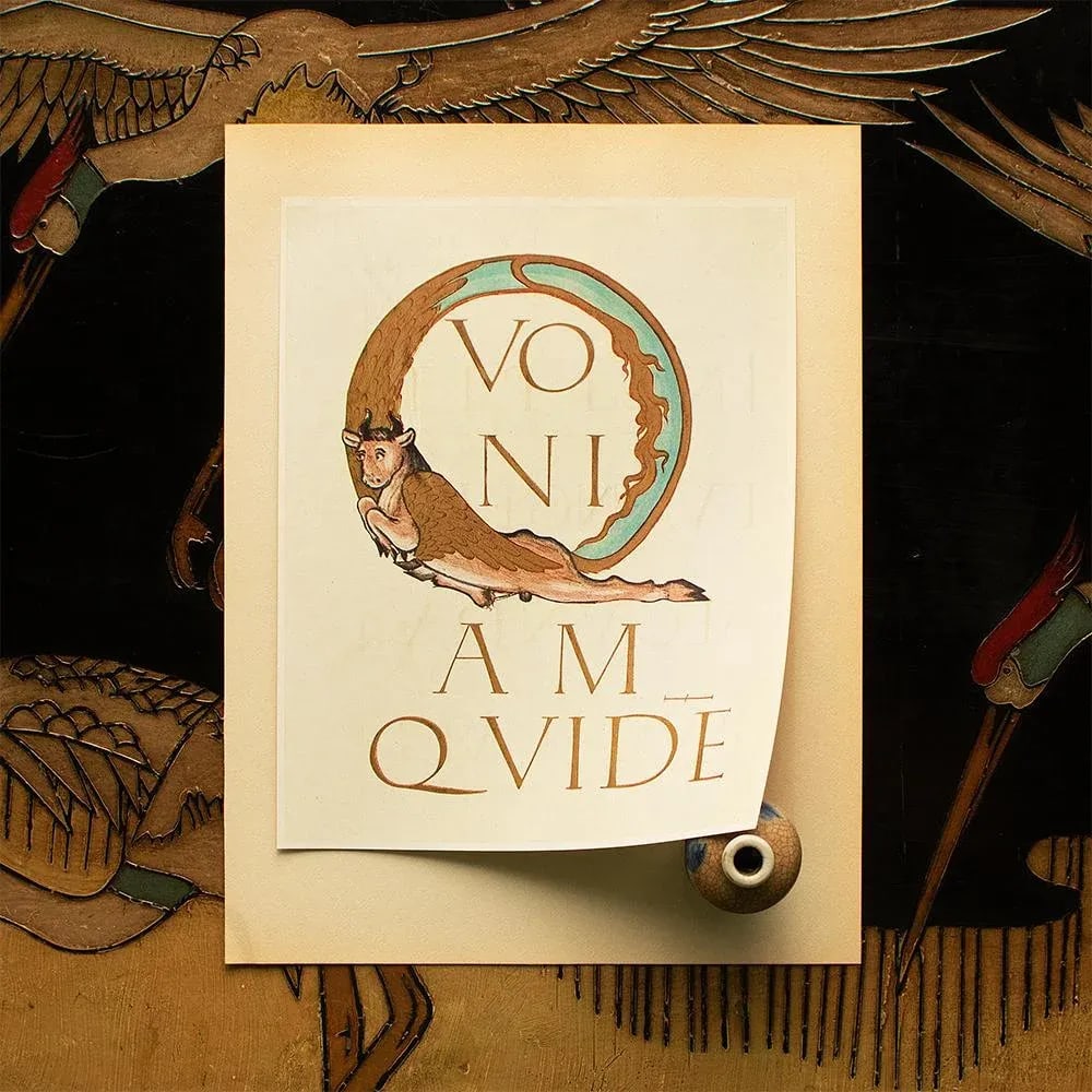 1949 Letter Q From "An Evangeliarium of the Church of Metz", First Edition Gold Ink Lithograph - 4