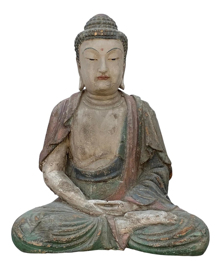Large Chinese Rustic Wood Sitting Meditation Shakyamuni Buddha Statue: This is a Chinese decorative wooden Sitting Buddha Gautama Amitabha statue. It is finished with a vintage rustic look. Patina wear-out color marks on the dress. Dimensions: 25.5"x d 18"x h33" Origin: