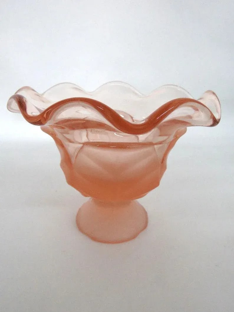Viking Glass Epic Leaf Satin Pink Ruffled Rim Candy Dish Compote - 10