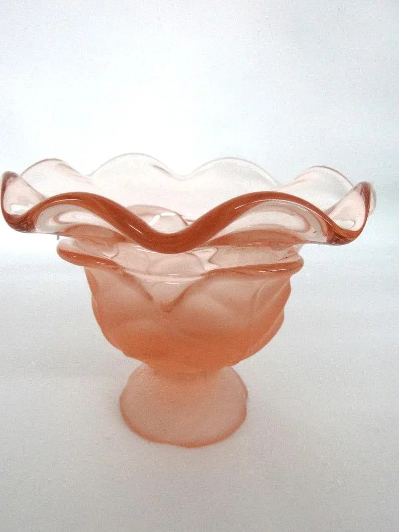 Viking Glass Epic Leaf Satin Pink Ruffled Rim Candy Dish Compote - 2