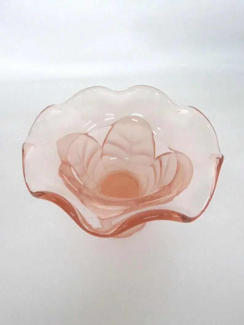 Viking Glass Epic Leaf Satin Pink Ruffled Rim Candy Dish Compote - 4