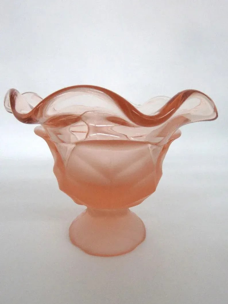 Viking Glass Epic Leaf Satin Pink Ruffled Rim Candy Dish Compote - 7