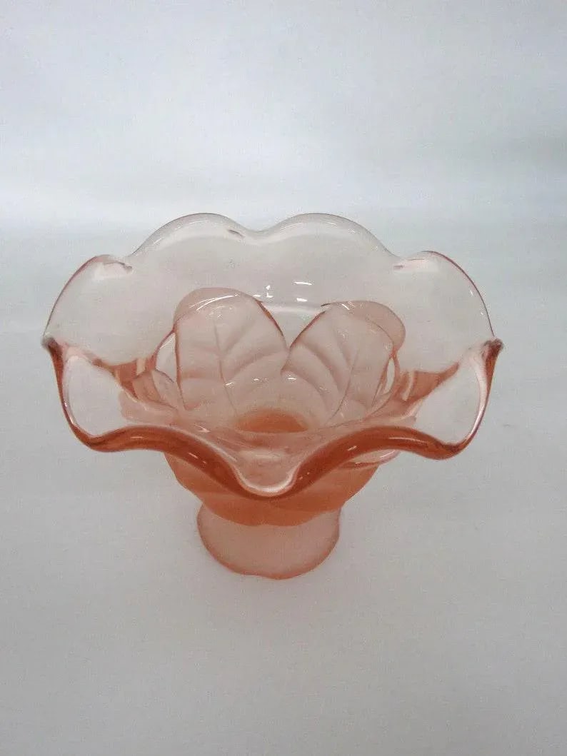 Viking Glass Epic Leaf Satin Pink Ruffled Rim Candy Dish Compote - 9