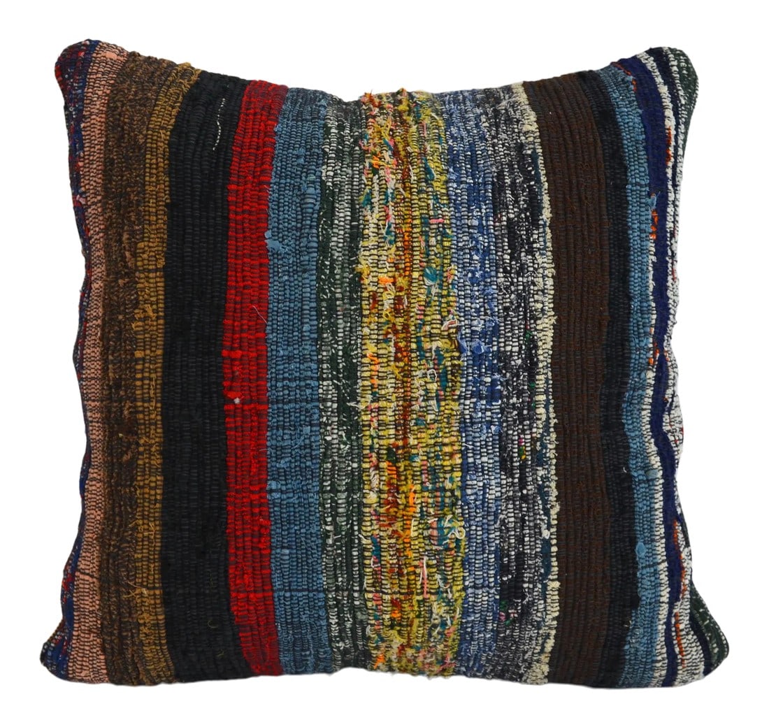 1970s Vintage Handmade Cotton Kilim Pillow Cover: Dimension: 16" x 16" Material: Cotton cotton. Made from vintage Turkish ragrug kilim. Back side cotton with hidden zipper. Please note: Insert not included. Cover only. All rugs washed before the