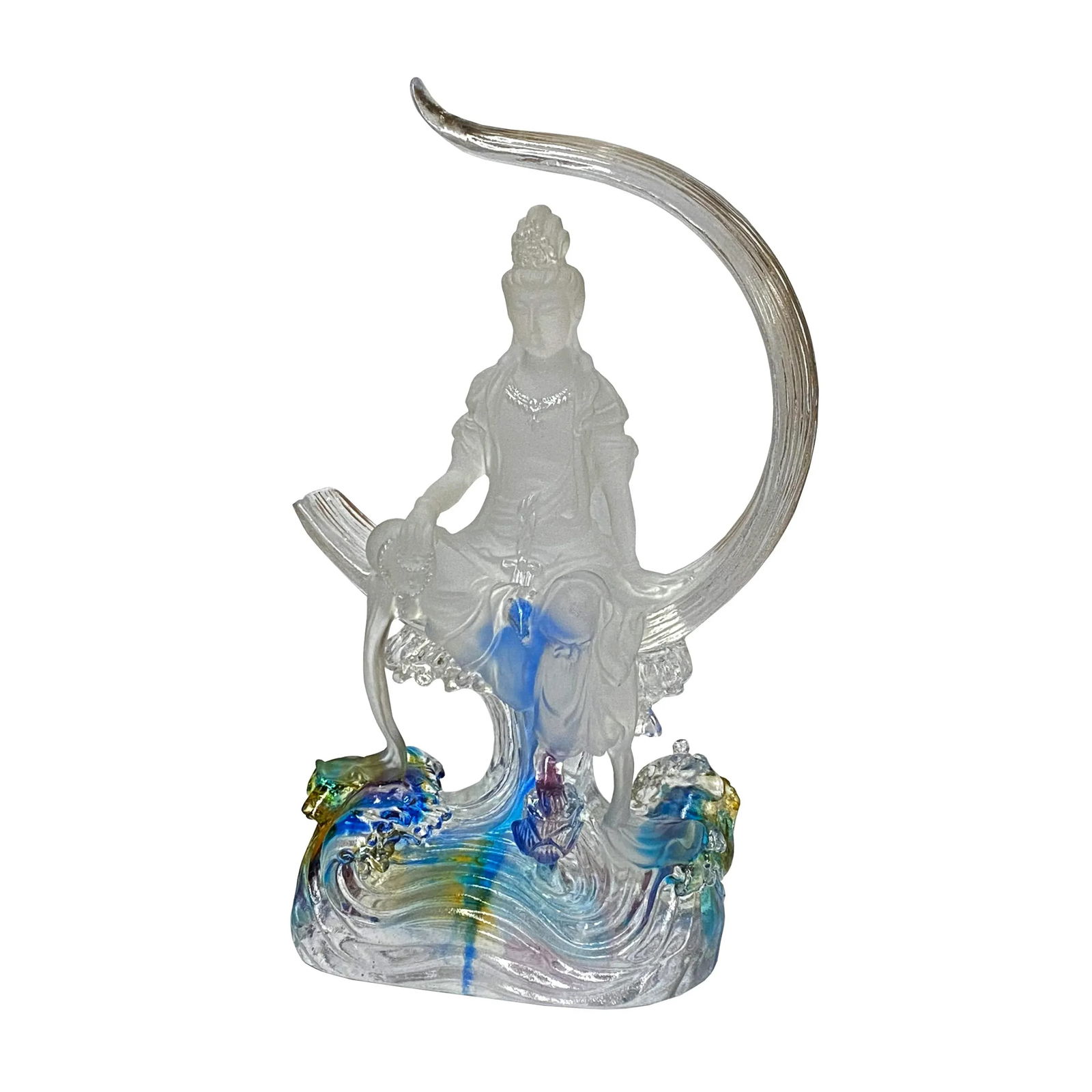 Crystal Glass Liuli Pate-De-Verre Moon Face Kwan Yin Bodhisattva Statue - 3