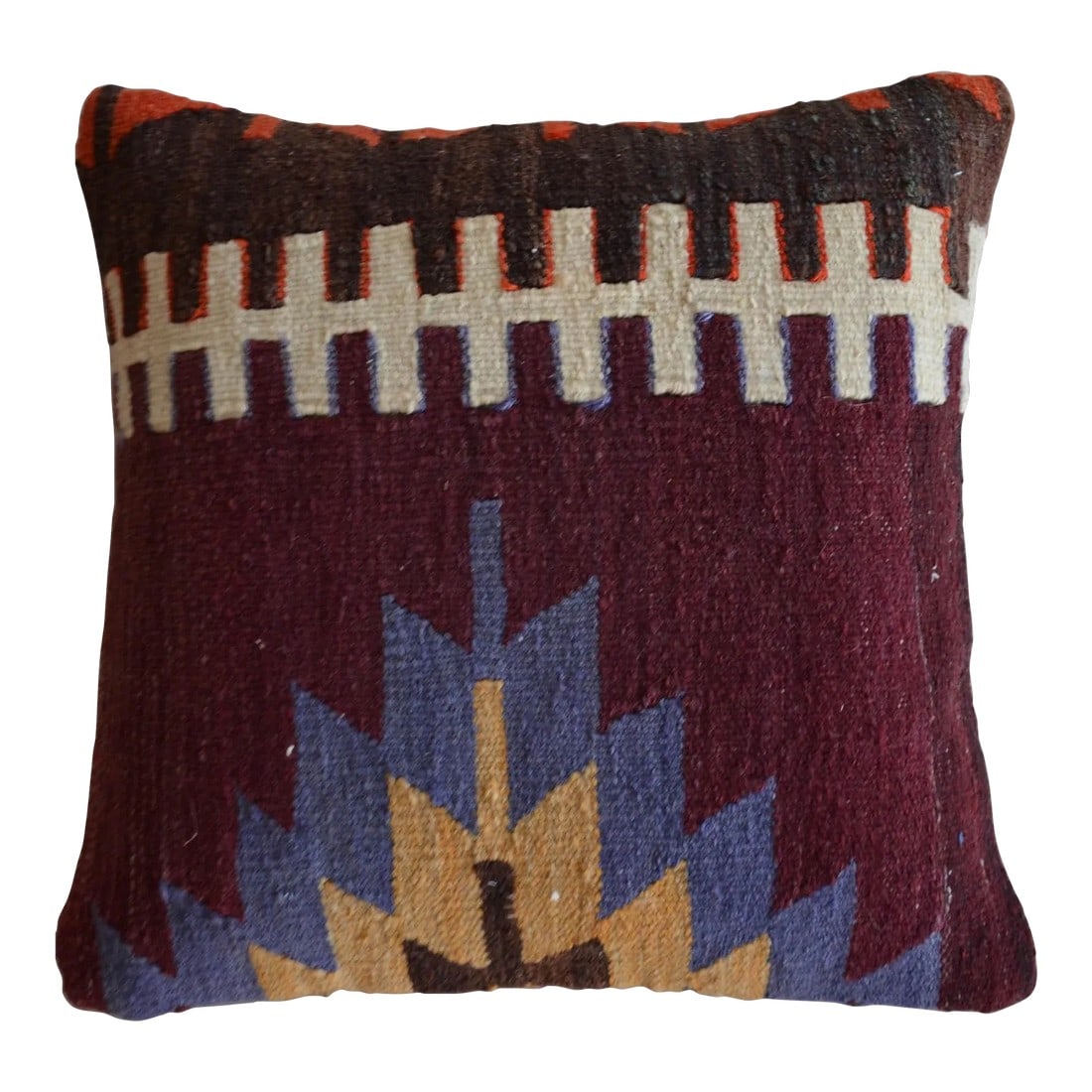 Vintage Handmade Kilim Rug Pillow Cover: Material: Wool on cotton Made from Vintage Turkish kilim rug. Back side cotton with hidden zipper Condition: new from vintage kilim rugs PLEASE Note: Insert in not included. For demonstration only. Co