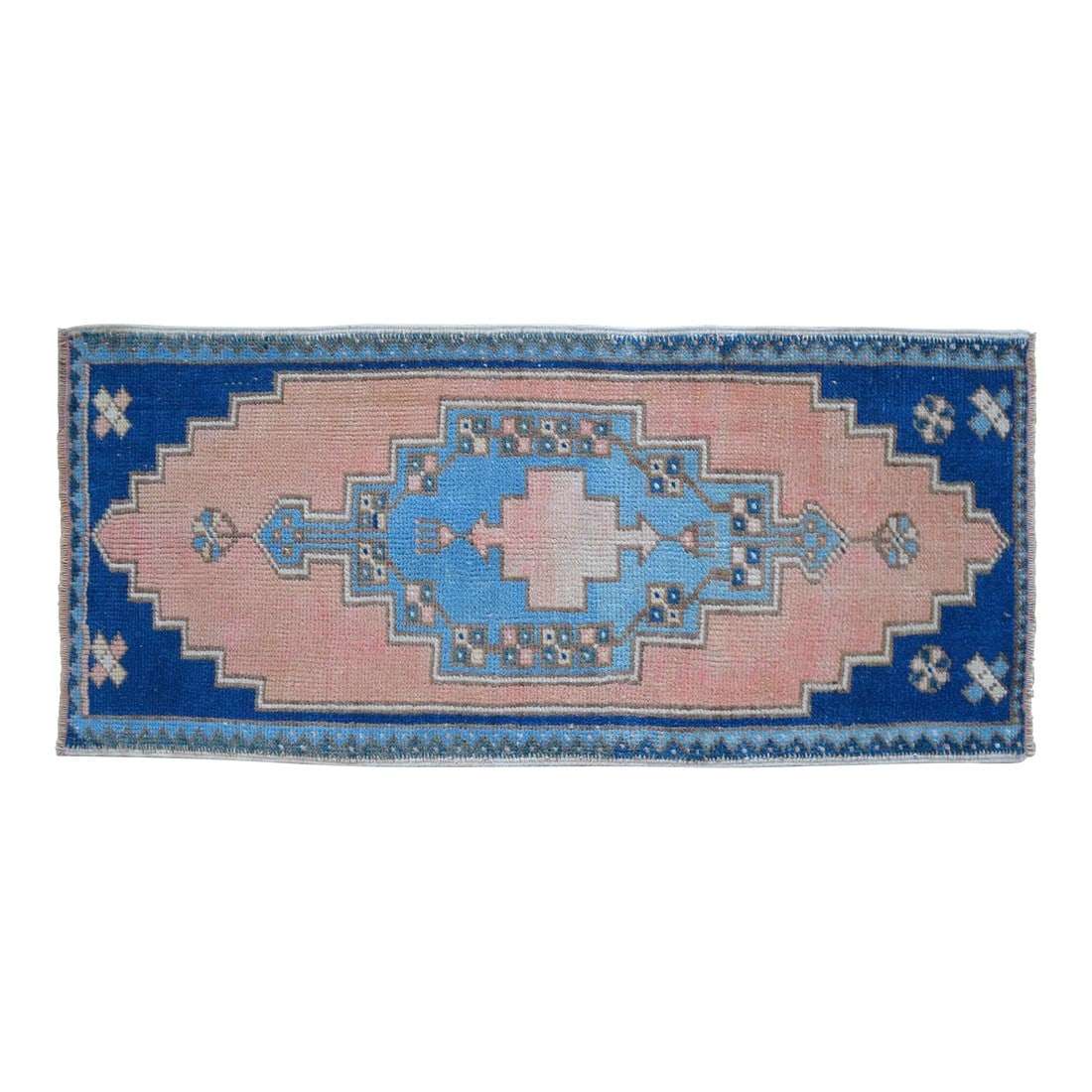 1970s Vintage Hand Knotted Turkish Rug Decorative Accent for Small Spaces- 1"²11"³ Ã: Vintage Turkish Hand-Knotted Small Rug from Central Anatolia / Tashpinar, 1970s. Authentic handwoven accent mat in pastel pink and blue tones featuring timeless geometric motifs â€” p