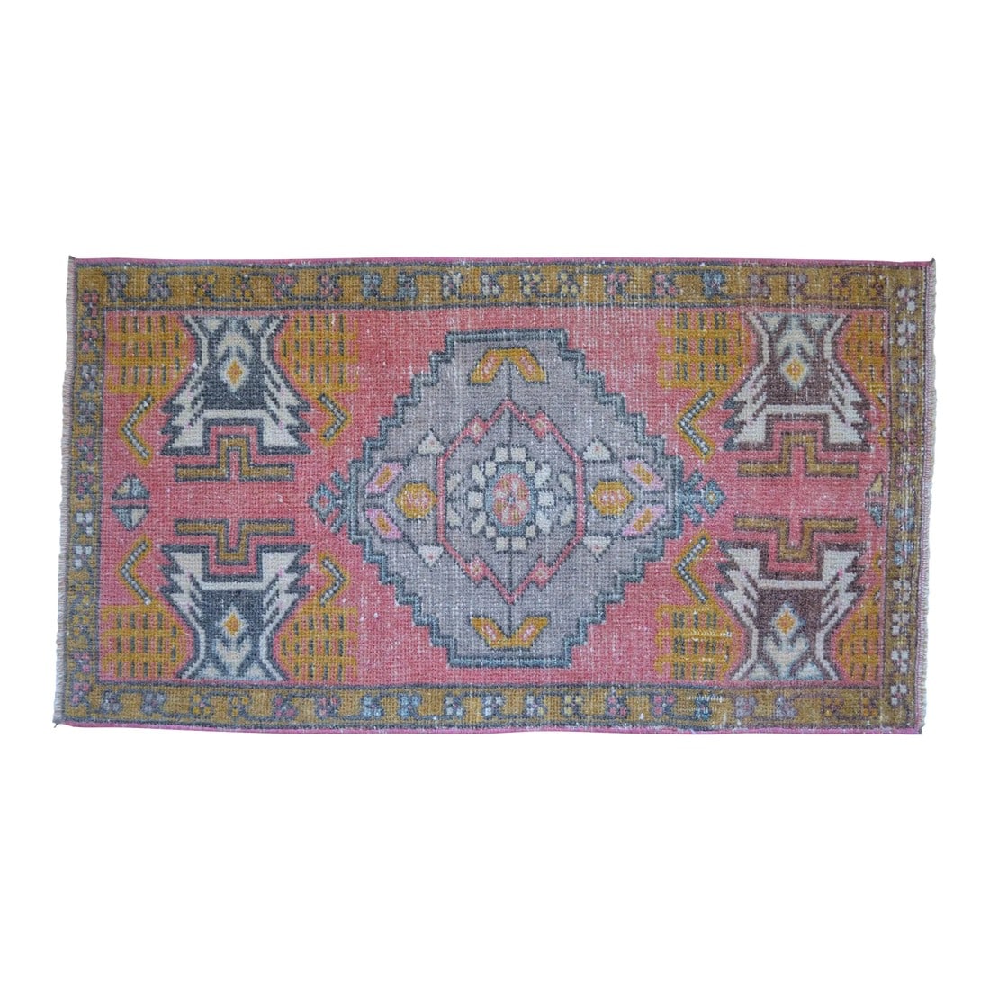1970s Hand Knotted Turkish Rug 1'7" X 2'11": a Vintage Turkish Small yastik rug, rose background rug perfect for entryway, bath or in front of the kitchen sink. Or for your pet :) Dimension: 19" x 35" or 1 ft 7 in x 2 ft 11 in Material: wool on