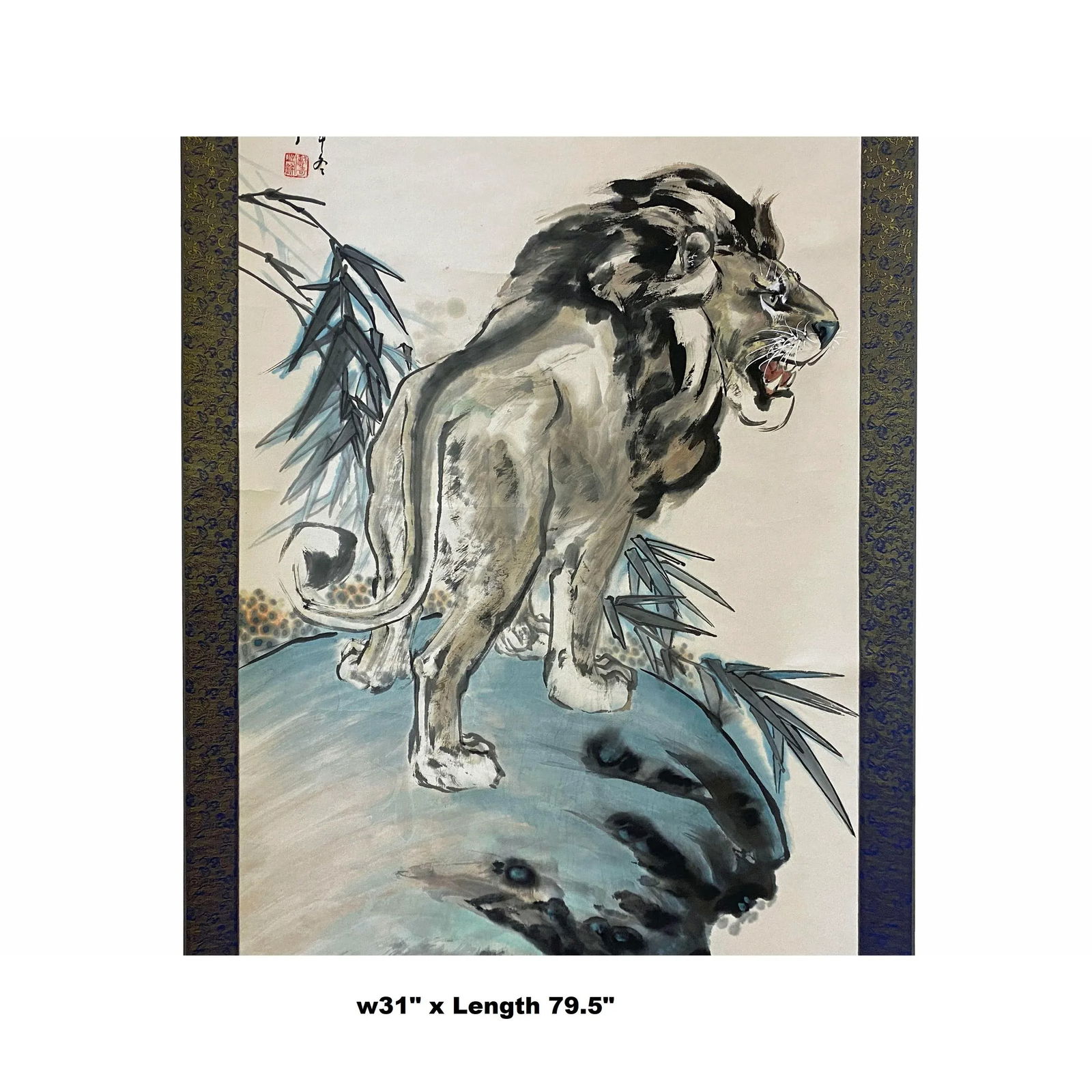 Chinese Black White Ink Lion Theme Scroll Painting Original Wall Art - 3