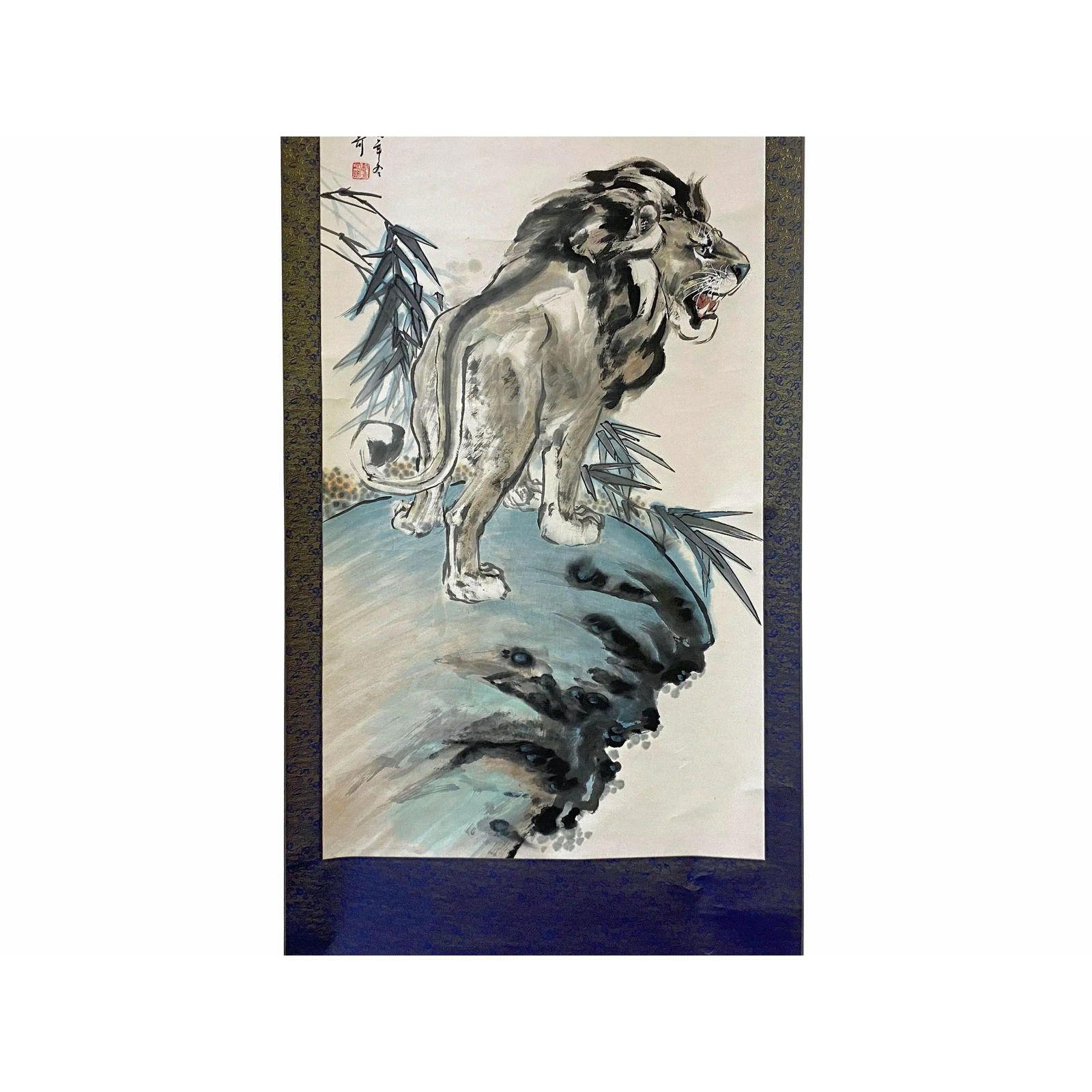 Chinese Black White Ink Lion Theme Scroll Painting Original Wall Art - 4