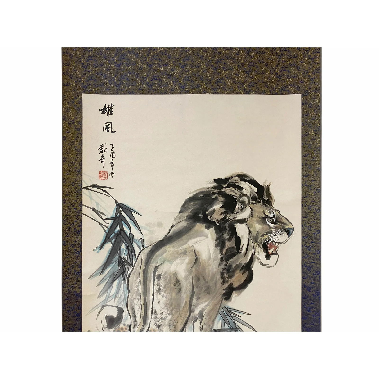 Chinese Black White Ink Lion Theme Scroll Painting Original Wall Art - 5