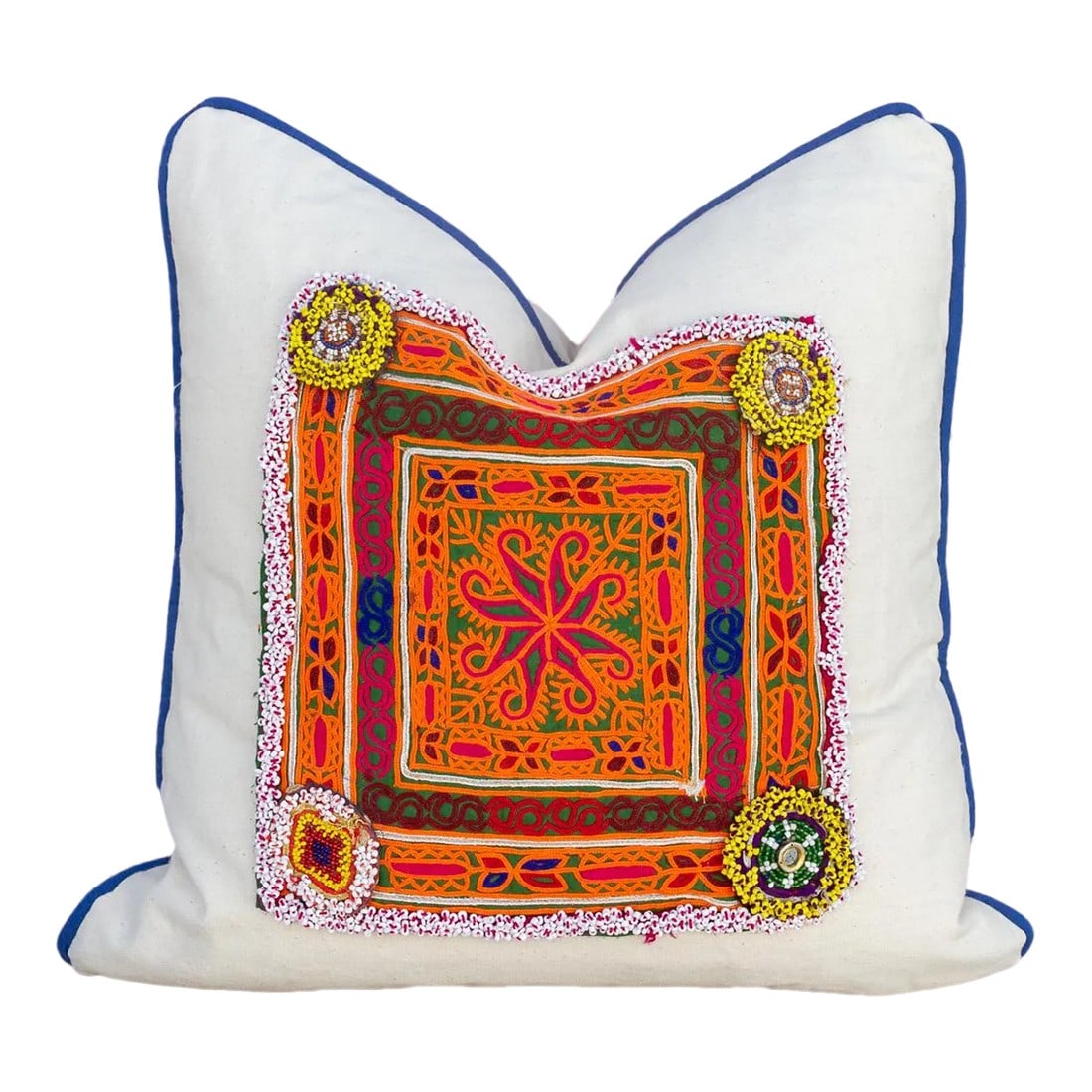 Ramila Vintage Boho Throw Pillow Cover: The custom designed Canvas tribal pillow highlights a vintage finely embroidered Odhanis Patch. Odhanis are veils for head and shoulders which identify tribal communities In the Indian desert. Made fr