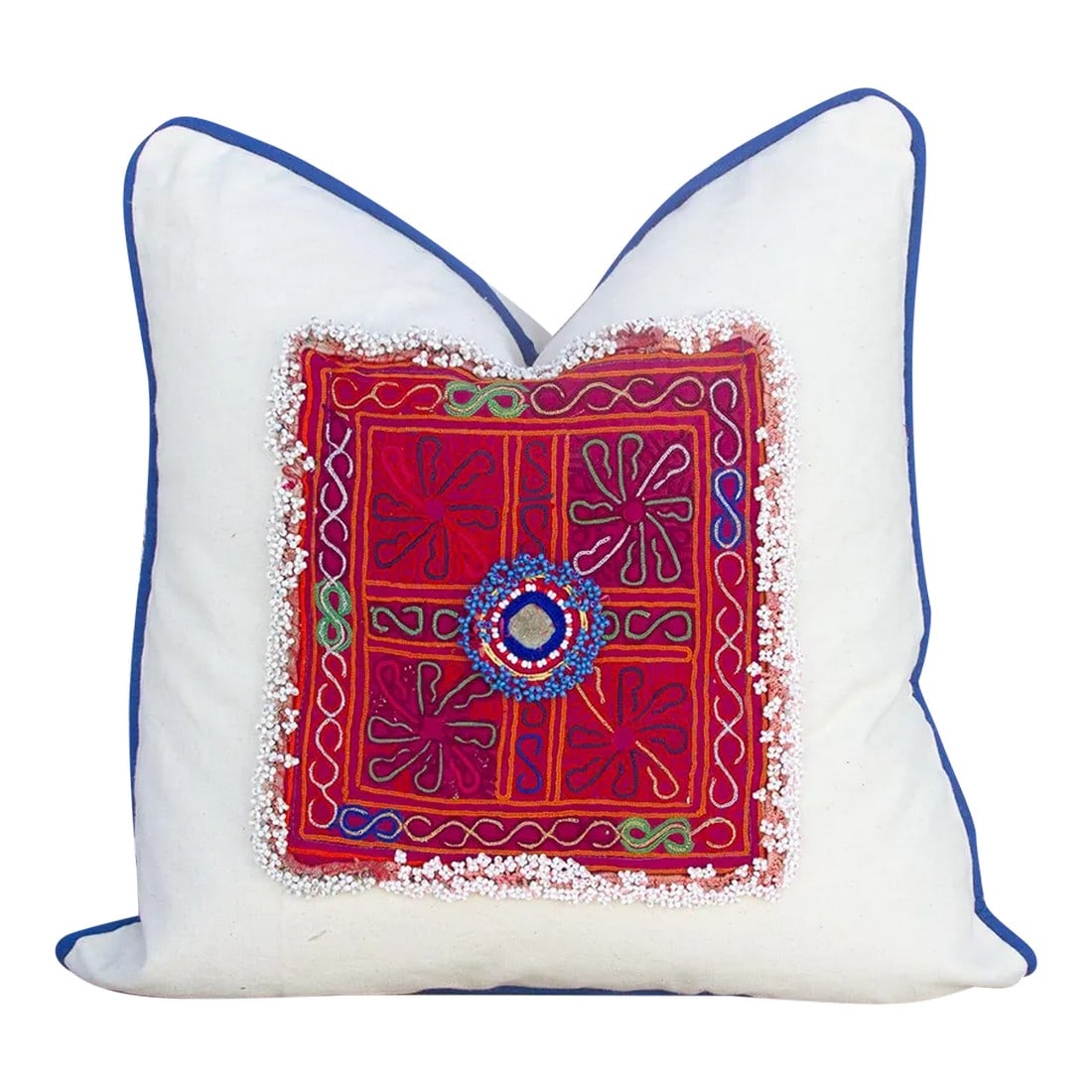 Daanvi Vintage Boho Throw Pillow Cover: The custom designed Canvas tribal pillow highlights a vintage finely embroidered Odhanis Patch. Odhanis are veils for head and shoulders which identify tribal communities In the Indian desert. Made fr