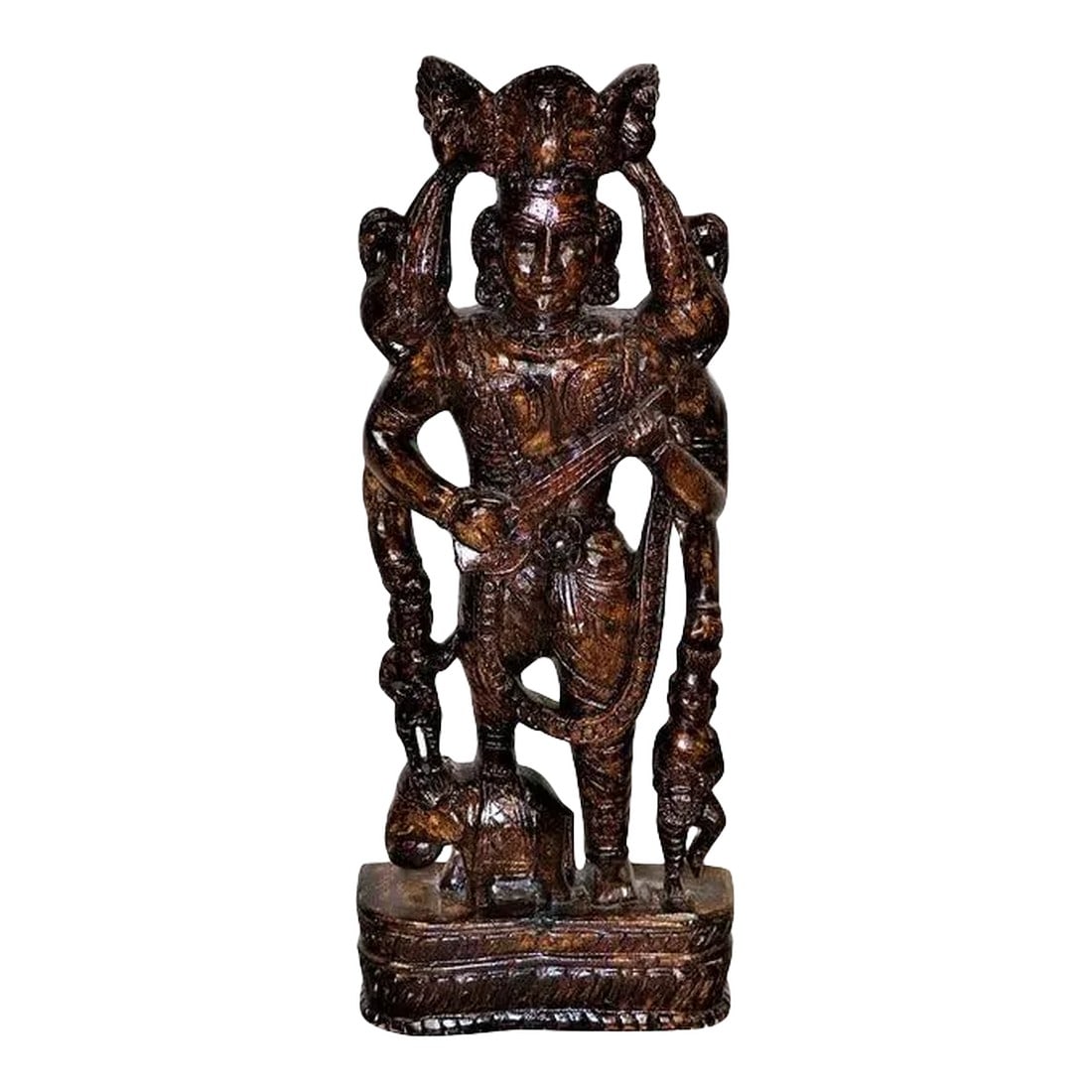 Eclectic Wooden Carved Tall Traditional Musician Statue | Solid Wood Woman Sculpture | Distressed Pa (1 of 4)