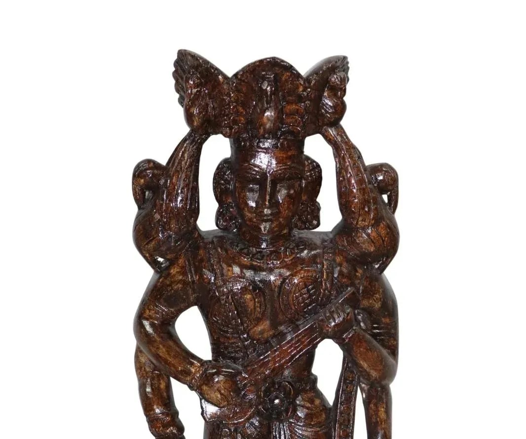 Eclectic Wooden Carved Tall Traditional Musician Statue | Solid Wood Woman Sculpture | Distressed Pa - 2