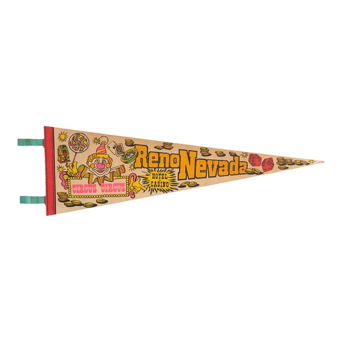 Vintage Reno Nevada Felt Flag: Felt Banner Pennant for Reno Nevada - Hotel Casino - felt flag pennant featuring great retro colors and graphics including a clown with Circus Circus text underneath. Age circa 1970's vintage. In