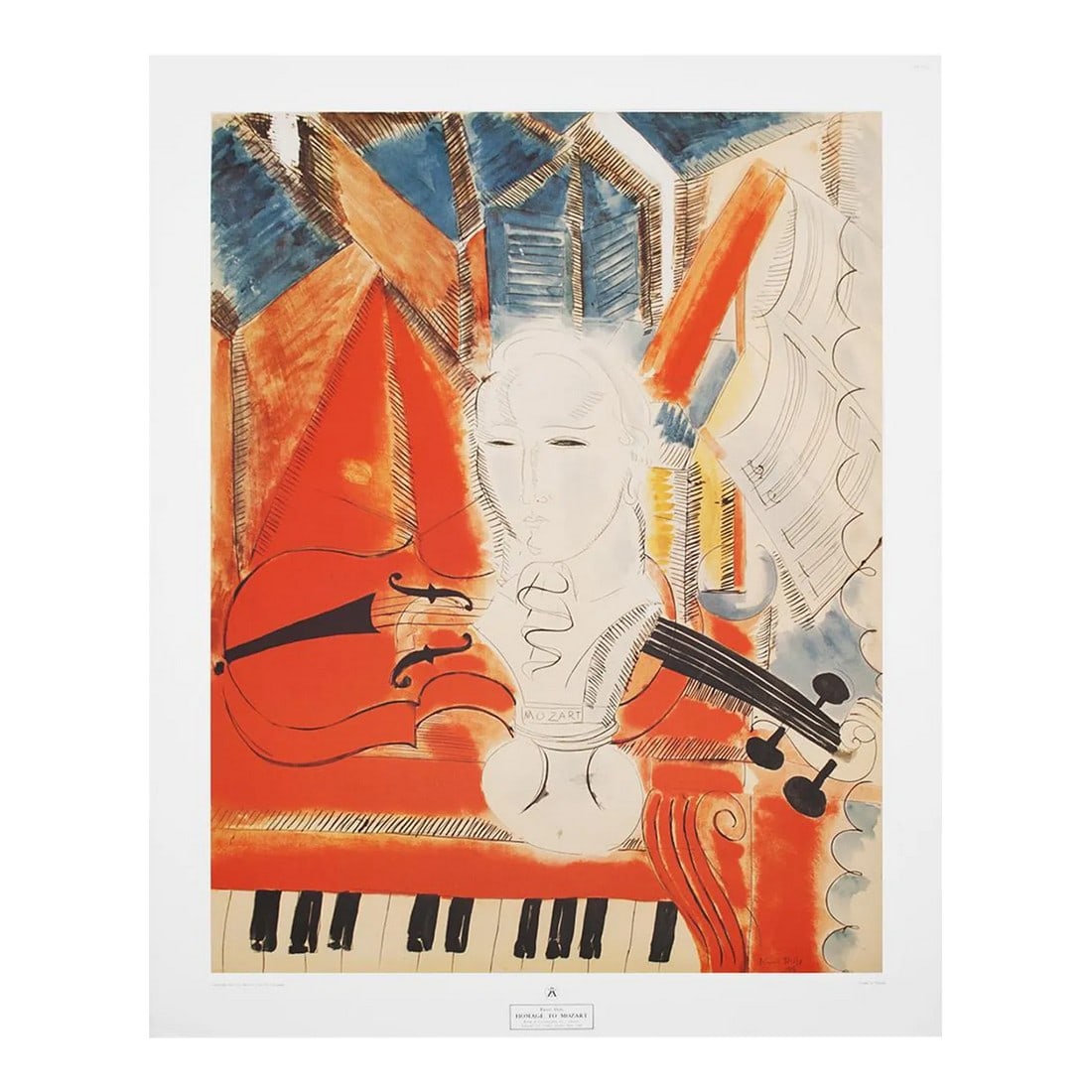 XL After Raoul Dufy, "Homage to Mozart" First Edition Offset Lithograph: A stunning extra large First Edition offset lithograph, print, of painting "Homage to Mozart" by Raoul Dufy. Signed in the print: "Raoul Dufy 1915". Name of the composer on the bust. Printed on high