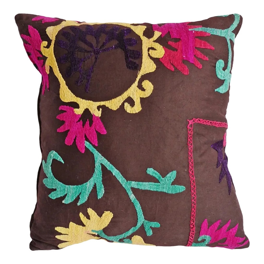 Boho Chic Suzani Embroidered Pillow: Hand embroidered decorative tribal Suzani textile in bright colors on cotton or silk backing made into a beautiful pillow. Original created by women of Uzbekistan as wedding gifts, early Suzani
