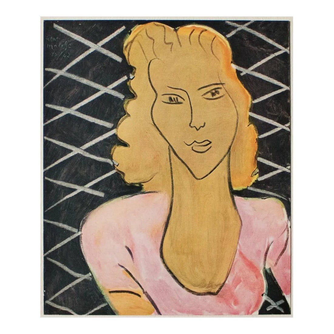 1946 After Henri Matisse "The Lady in Rose Corsage", First Edition Parisian Period Lithograph: A rare First Edition period offset lithograph, print, after painting "La Dame Au Corsage Rose" (The Lady in Rose Corsage, 1942) by Henri Matisse. Comes from a rare First Limited and Only Edition