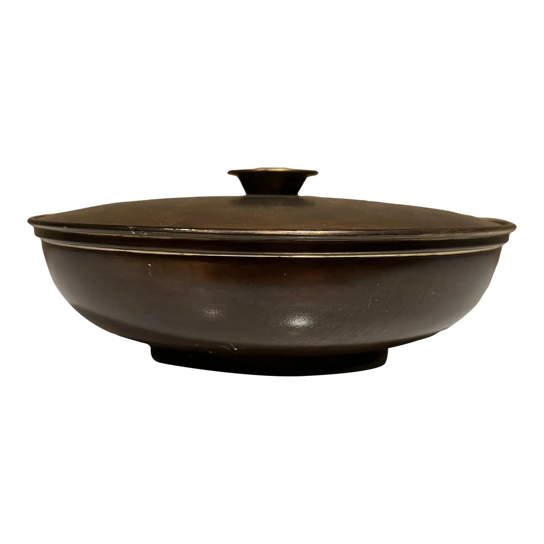 1950s Vintage Midcentury Lidded Bowl in Patinated Brass Style Tommi Parzinger: AMBIANIC presents 1950s Vintage Midcentury Covered Bowl in Patinated Brass Stamped on bottom unable to read. 3.25 tall x 8.25 diameter Preowned unrestored vintage condition. See images provided. 