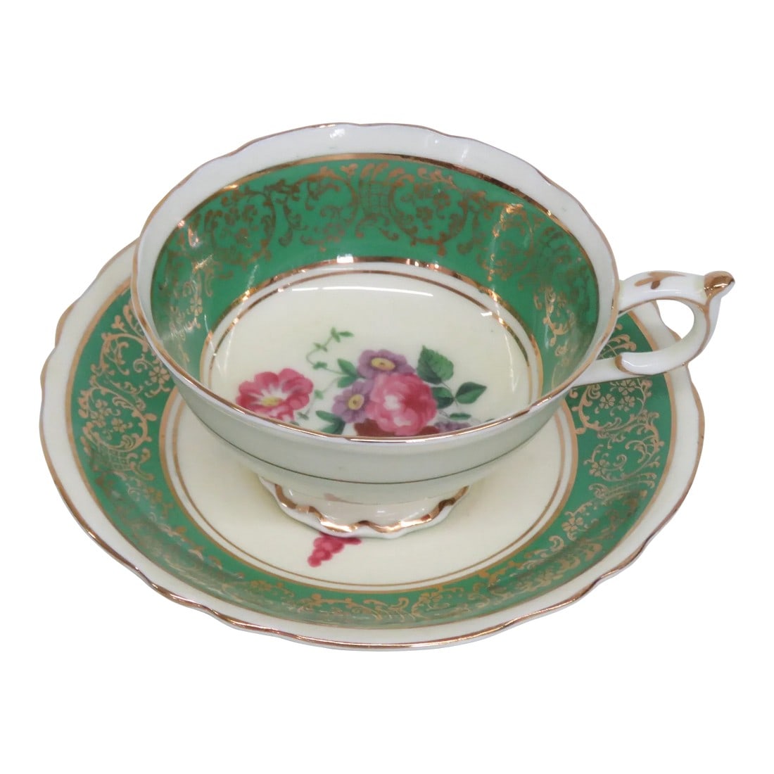 Paragon Hm Queen Mary Green Flowers Bone China Set of Tea Cup and Saucer (1 of 13)