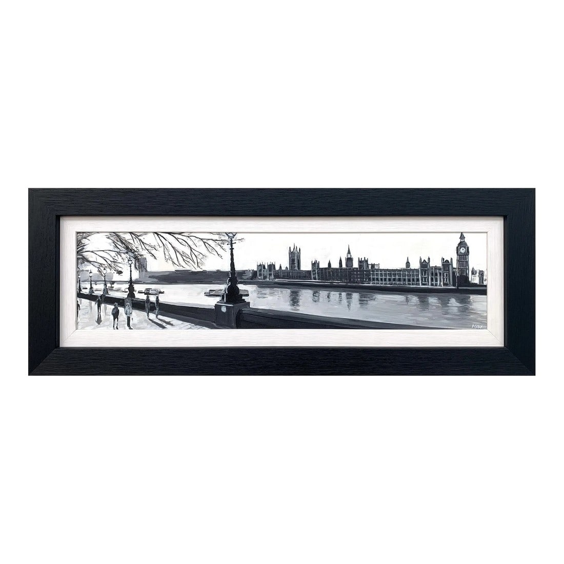 Panoramic Black & White Painting of Westminster Victoria Embankment London City, 2017: Panoramic Black & White Painting of Westminster from Victoria Embankment, City of London. A unique original from leading British Cityscape Artist, Angela Wakefield. Art measures 24 x 6 inches 