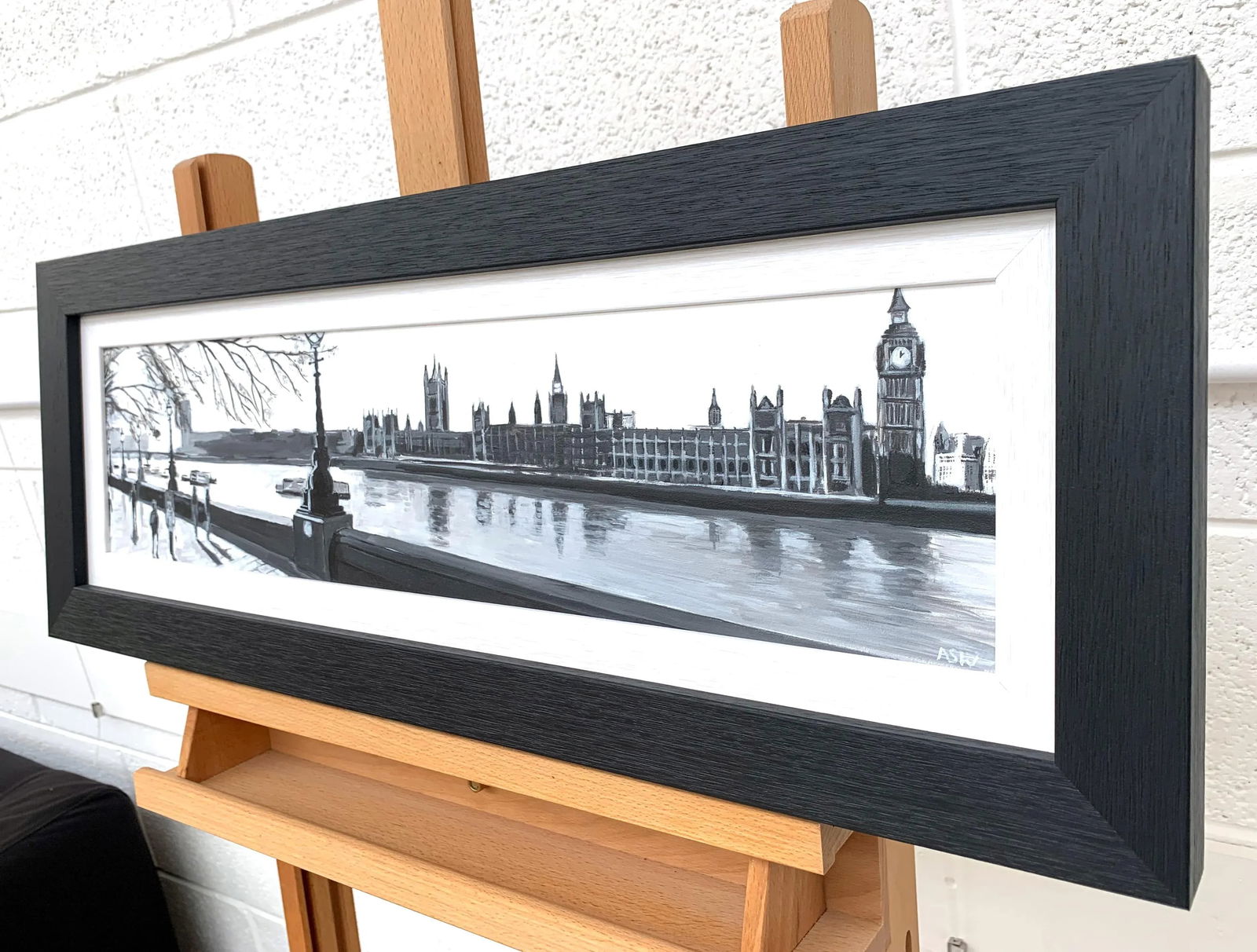 Panoramic Black & White Painting of Westminster Victoria Embankment London City, 2017 - 5
