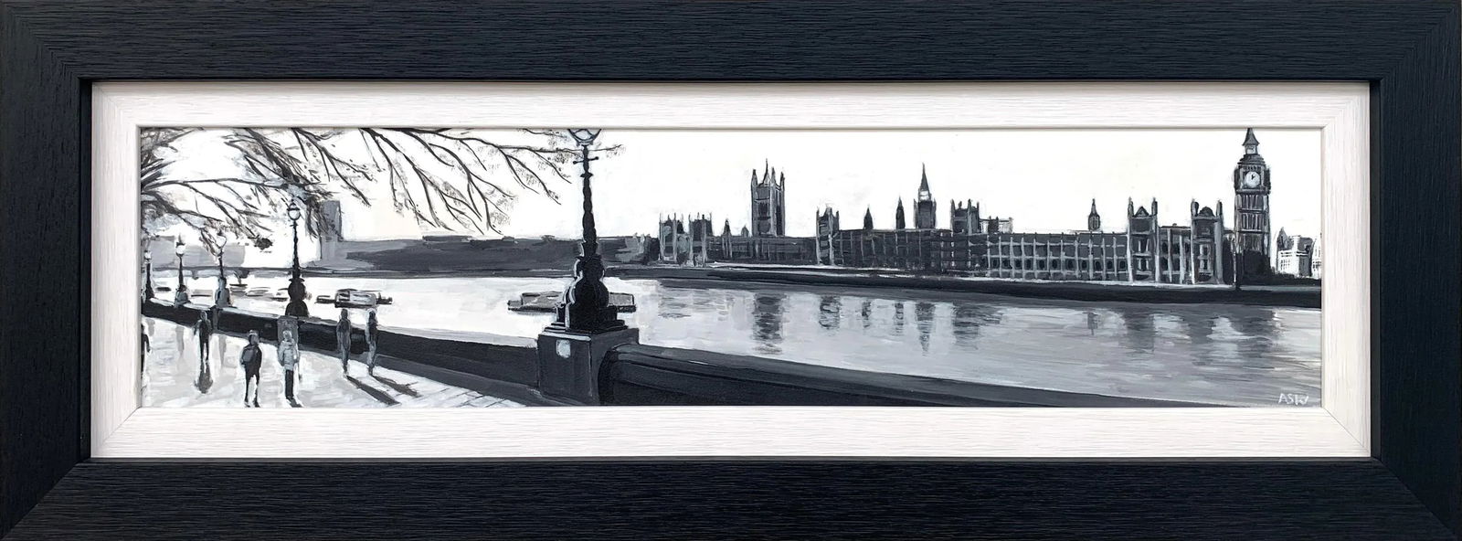 Panoramic Black & White Painting of Westminster Victoria Embankment London City, 2017 - 8