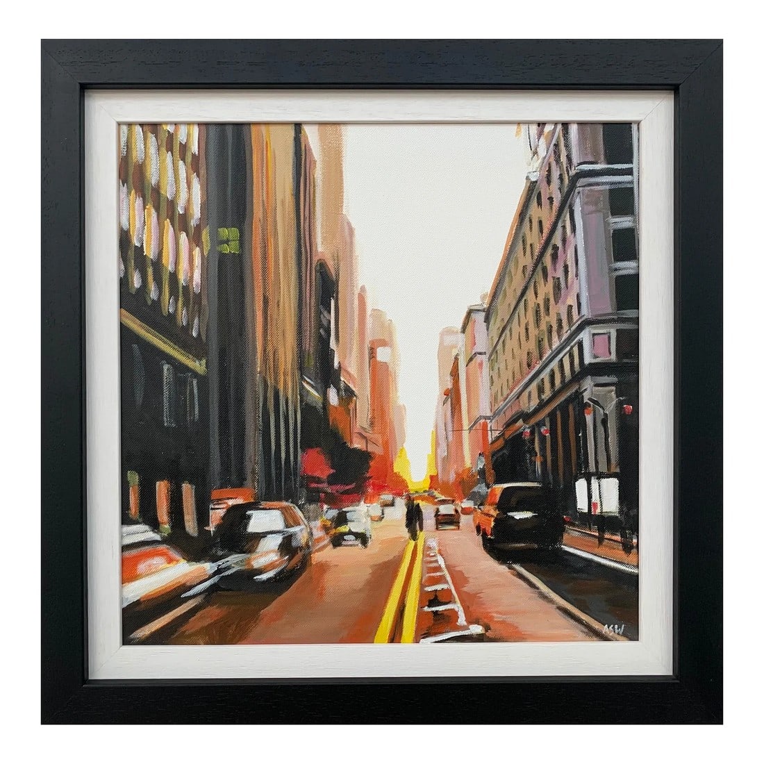 New York City Street Scene Painting by Contemporary British Artist: Painting of New York City in Autumn Fall by Leading Contemporary British Urban Landscape Artist Angela Wakefield Art measures 16 x 16 inches Frame measures 21 x 21 inches Angela Wakefield has twice