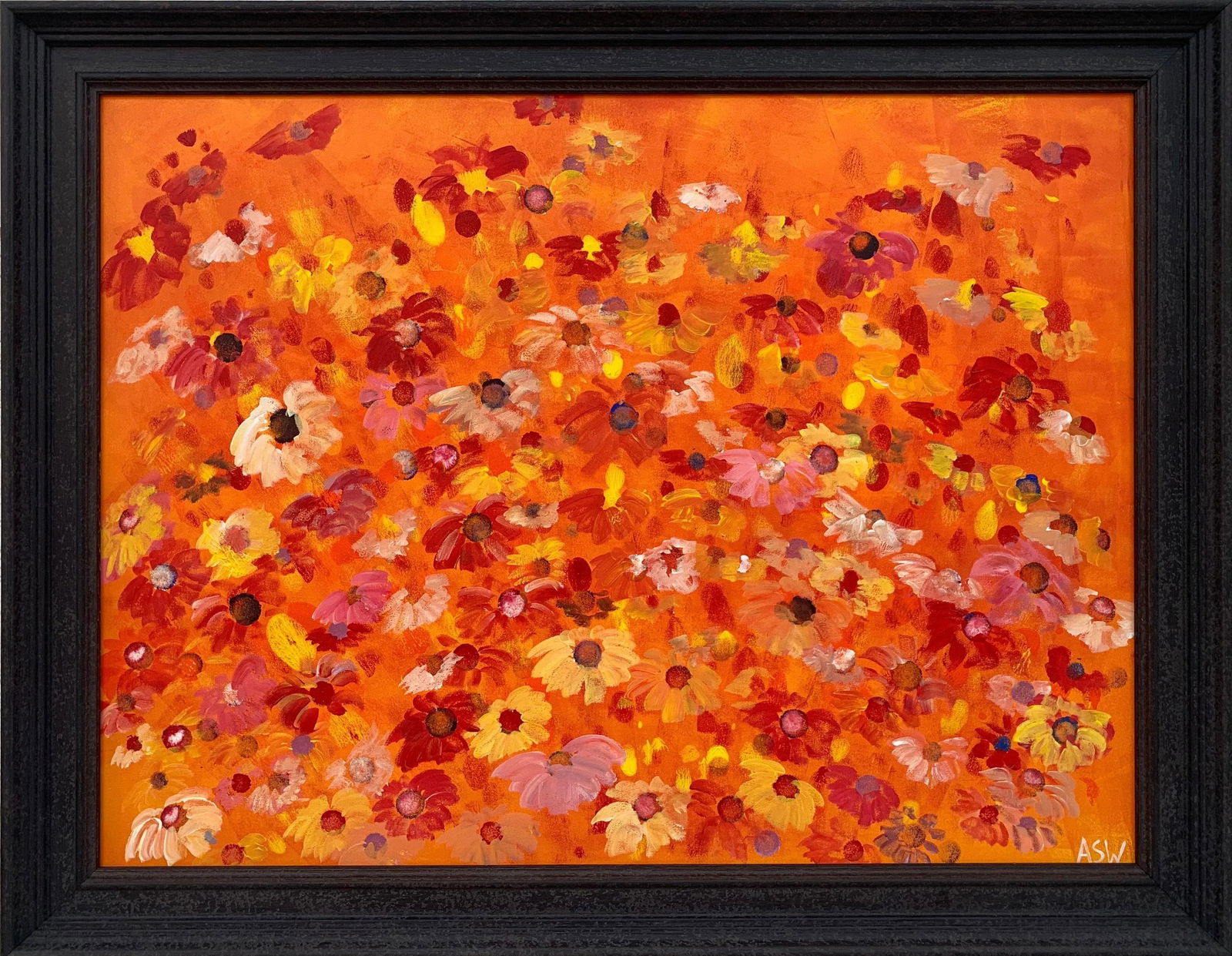 Abstract Red Pink Wild Flowers on Orange Design - Unique Original Art by British Contemporary Artist - 11