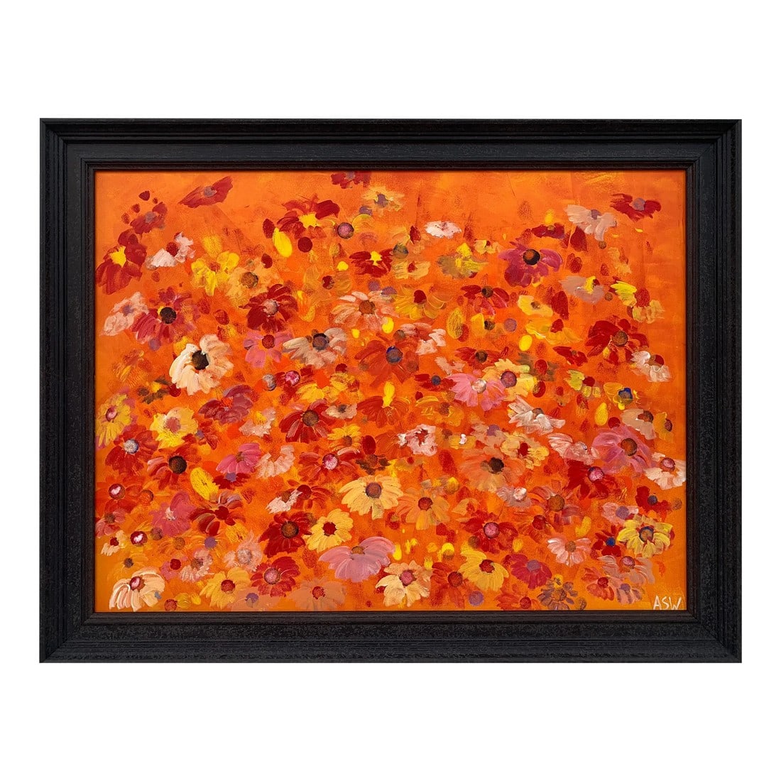 Abstract Red Pink Wild Flowers on Orange Design - Unique Original Art by British Contemporary Artist (1 of 11)