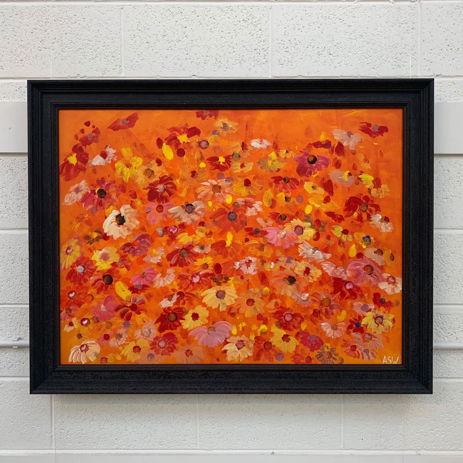 Abstract Red Pink Wild Flowers on Orange Design - Unique Original Art by British Contemporary Artist - 3