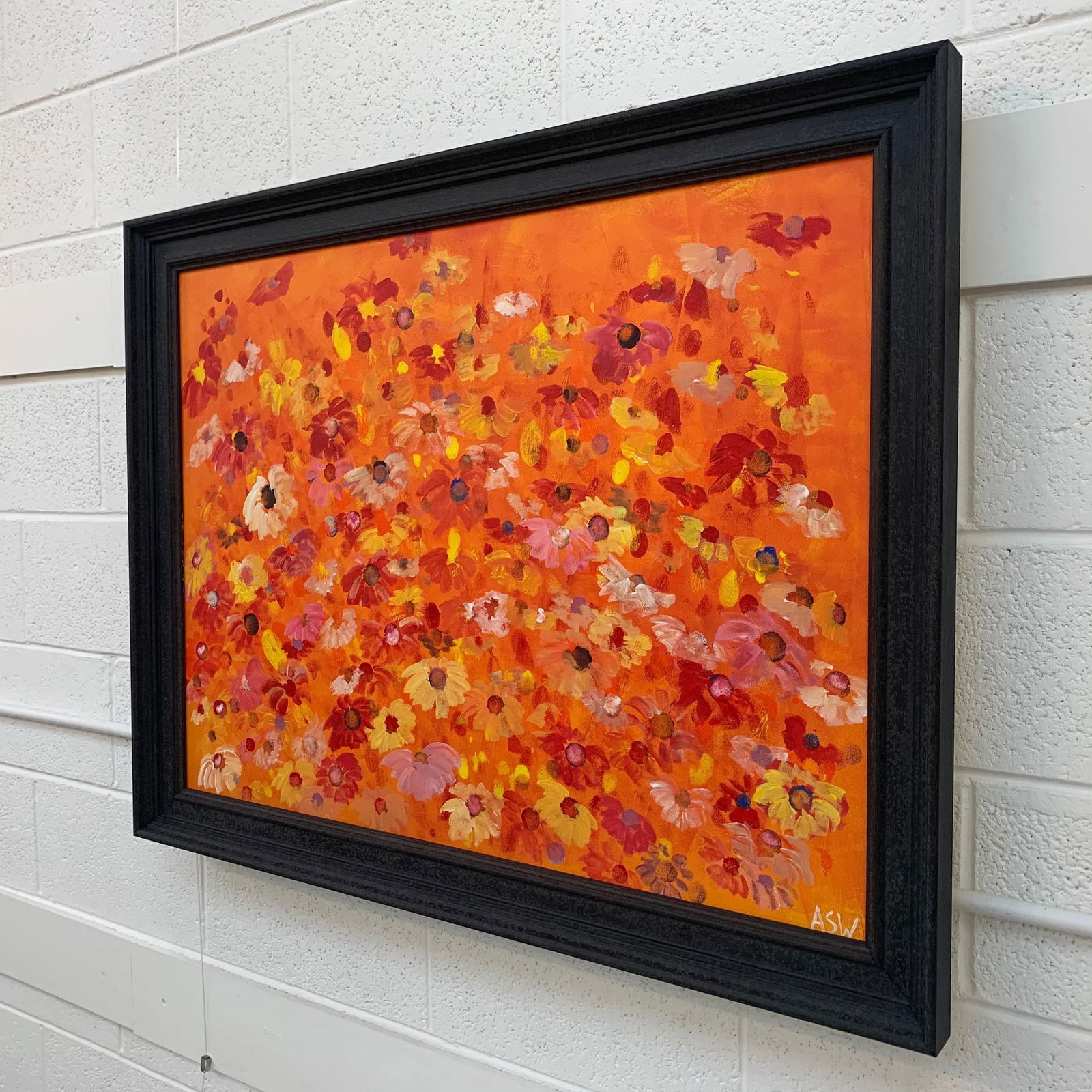 Abstract Red Pink Wild Flowers on Orange Design - Unique Original Art by British Contemporary Artist - 4