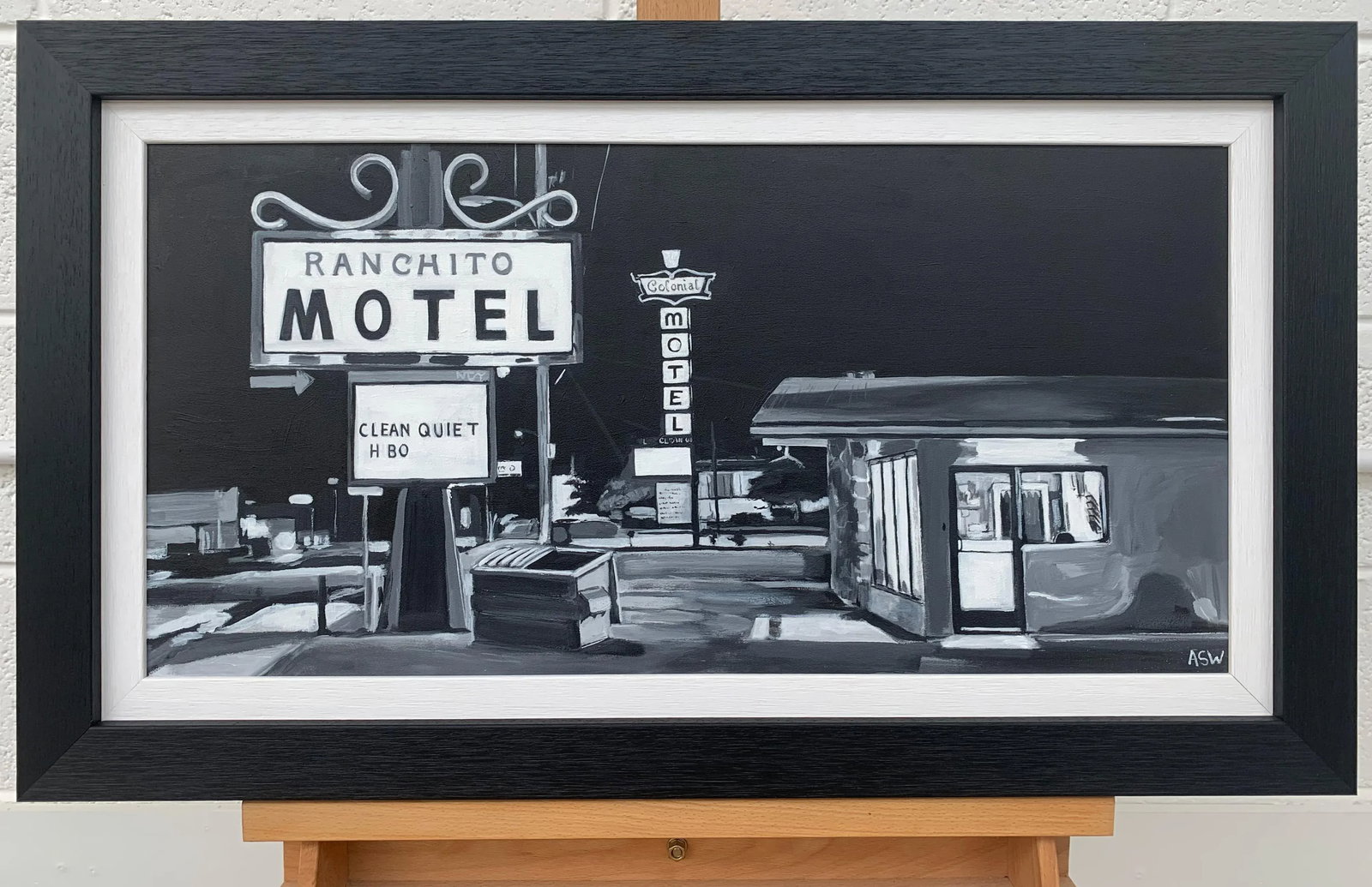 Black & White Americana Painting of Ranchito Motel on Route 66 New Mexico Usa - 3